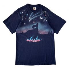 80s USA製 FRUIT OF THE LOOM オオカミ 夜空 オーロラ 星 Tシャツ シングルステッチ コットン ヴィンテージ ネイビー