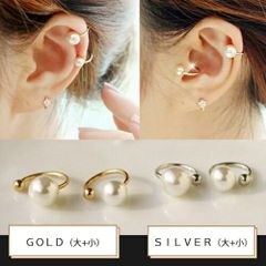 Gold Pearl Ear Cuff Earrings, Set of 2 (Small and Large), Simple Gold Design, Single Ear Clip, Easy to Wear, Non-Pierced Earring, Stylish, Trendy, Free Shipping.