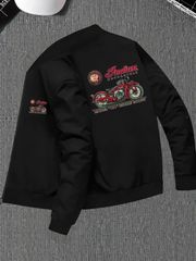 ジャケット 軽量 メンズ インディアン モーターサイクル グラフィック ボンバージャケット トレンディ ハイカラー カジュアルフィット 多彩 アウターウェア ジップアップ ポリエステルブレンド メンズボンバージャケット モーターサイクルウェア ブラック