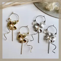 天然石♡【ニッケルフリー 316ステンレス】マット ゴールド フラワー 揺れる フープ ピアス 天然 淡水 パール 天然 クォーツ クリスタル メタル ワイヤー チェーン ハンドメイドピアス アレルギー対応 サージカルステンレス