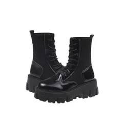 [MORABLU] ソックスブーツ 厚底 ショートブーツ 6cm 美脚 足長 細身効果 シークレット レディース 黒 ミドル 編み上げ 楽 23cm お洒落 ごつい ソール エナメル調 [エナメル調 / ブラック] [23.0 cm]