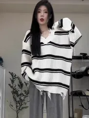 セーター プルオーバー 透かし編み ボーダー ダメージ カットオフ [910]