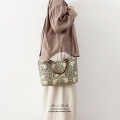 ⭐️7点売れました⭐️ 2way ウィリアム モリス ピンパーネル 黒 x オレンジ 花柄 小柄 革 トート 手提げ 斜めがけ ショルダー バック