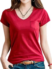 B-talk(ビートーク) BT28 Tシャツ 半袖 Vネック 胸ポケット カットソー トップス レディース オシャレ( レッド,  L)