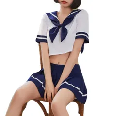 [CosMisty] セーラー服 セクシー コスプレ 衣装 へそ出し 制服 ミニスカート 半袖 女子高生 JK (ブルー) [ブルー]