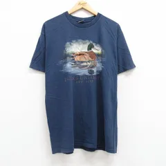 XL/古着 半袖 ビンテージ Tシャツ メンズ 90s 鳥 カモ 刺繍 鹿の子 コットン クルーネック 紺 ネイビー spe 25jul19 中古