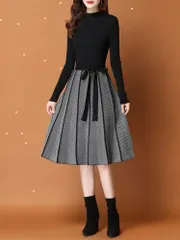 【ブラック・Ｌ】ウエストリボン 細ヘリンボーン柄 プリーツ ニット ワンピース Aライン フレア　体型カバー　大きめ　ゆったり