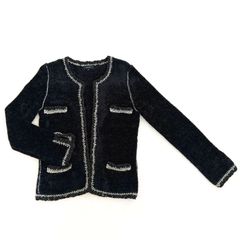 【セレモニージャケット】allureville　アルアバイル　美品　ノーカラージャケット　カーディガン　黒　シルバー加工　ラメ入り　Mサイズ　結婚式 二次会 入園式 卒園式 入学式 卒業式  レディースカジュアル　節句 お食い初め 七五三 誕生日  お呼ばれ