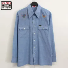 70s USA製 vintage Wrangler ヒッピーカスタム シャンブレー ウエスタンシャツ メンズ 表記Lサイズ