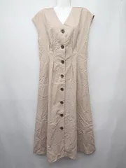 ◇ ⊂ ◎ natural couture Vネック フレンチスリーブ 膝下丈 ワンピース サイズS ベージュ レディース P  【1409250042461】