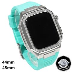 モアサナイト アップルウォッチケース 44mm/45mm シリーズ4/5/67/8/9 モアサナイトベゼル ターコイズブルーバンド カスタムバックル ゴールド ステンレススチール ラグジュアリー プレゼント メンズ