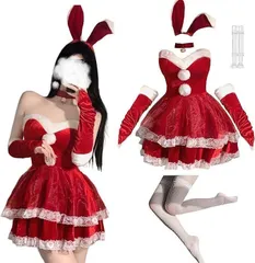 サンタ コスプレ6点セット S-XLワンピース 白網タイツ バニーガール サンタクロース 兎耳 ウサギ カチューシャ クリスマス サンタコスチューム ミニスカ 日常 室内 舞台 演出服 イベント 仮装 忘年会 文化祭 新年会 パーティー レディース