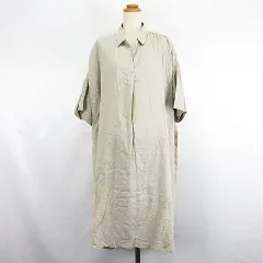 アースミュージック&エコロジー EARTH MUSIC & ECOLOGY シャツワンピース チュニック 五分袖 スキッパーカラー ロング丈 ミント リネンブレンド F ベージュ ※EKM