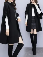 ポンチョコート きれいめ フリル袖 韓国ファッション L 黒 ブラック