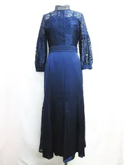 タグ付き プールヴー POUR VOUS パーティードレス マキシ丈 ワンピース レース ドッキング 七分袖 Mサイズ 紺色 ネイビー 結婚式 セレモニー ドレス レディース E15L