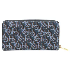 コーチ COACH ロング ジップ アラウンド ウォレット・シグネチャー モノグラム プリント PVC / スムース レザー CF521 ラウンドファスナー ロングウォレット ミニウォレット レディース メンズ ネイビー 正規品 極美品 中古 mbm21009