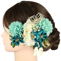 髪飾り 成人式水引 つまみ細工 青緑 水色 ターコイズブルー パステルブルー ゴールド 振袖 前撮り 袴 花 ピンク 白 つまみ細工 No.9-5474