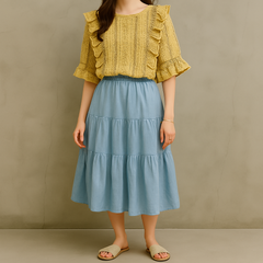 【華やかレースで大人可愛い✨】マジェスティックレゴン＊五分袖カットソー＊イエローグリーン系＊Mサイズ🌼