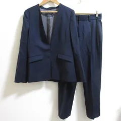 美品 グリーンレーベルリラクシング REDA生地 ノーカラージャケット スラックスパンツ スーツ セットアップ サイズ36/38 ネイビー レディース 古着 中古 USED
