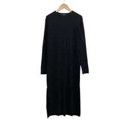 ミッシェルクラン MICHEL KLEIN ニットワンピース ロングスカート 丸首 スリット ブラック サイズ38 M相当 