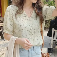 ドットブラウス レディース 10代 20代 30代 韓国ファッション カジュアル 夏 シンプル 可愛い トップス 半袖 シャツ 黒のサムネイル