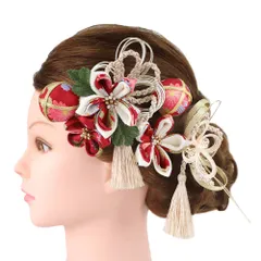 髪飾り 成人式 水引 つまみ細工 赤 振袖 前撮り 袴 花 4点セット 白 ゴールド ちりめん 房 房付き 玉飾り 組紐 和柄 かんざし No.9-5123