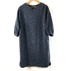  ワンピース Vネック ひざ丈 サイドポケット バルーンスリーブ 厚手 裾ラウンド ブルー系 ネイビー系 Mサイズ 2025072000152