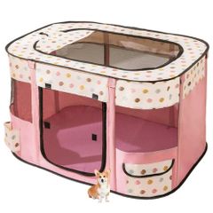 新品 ペットサークル 長方形 折りたたみ式 猫 犬 ケージ キャリーバッグ付き 組立簡単 屋根付き 軽量 通気 防災ペットケージ アウトドア インドア コンパクト メッシュサークル(L(90*70*60cm) ピンク)
