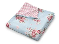 掛け布団カバー 綿100% ダブルガーゼ リバーシブル シングル 幅150x210cm 花柄 チェック柄 サックス系