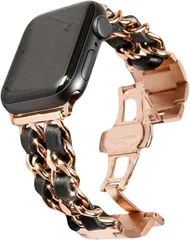 Royce&Roland Apple watch 編み込みバンド バタフライバックル おしゃれ アップルウォッチ 時計 ステンレス 本革/シルバー メンズ レディース ギフト(ピンクゴールド/ブラック,  44mm 45mm 46mm 49mm)