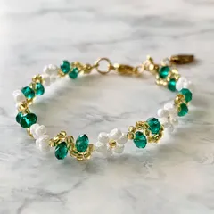 ボタンカットガラスビーズ 丸大ビーズ 小花モチーフ ブレスレット グリーン ホワイト ゴールド 15.5~17㎝ No.2043
