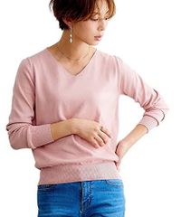S_ライトピンク ニッセン セーター ニット トップス Vネック 洗える UVカット 綿100% ベーシック レディース ライトピンク S