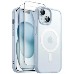 JETech 3 in 1 iPhone 15 6.1 インチ用 マグネット ケース 2枚強化ガラスフィルム付き MagSafe対応 半透明マットバック 耐衝撃スマホカバー (ブルー) 0