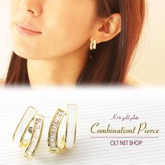 ピアス ハーフ フープ レディース アシンメトリー ジルコニア アクリル 上品 18金 18kコーティング イエローゴールド K18GP