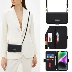 【数量限定】肩がけ クロスボディケース ケース 耐衝撃 ケース ケース アイフォン14 レザー 財布 カード収納 アイホン14ケース ミラー ストラップ付き 手帳型 カバー iphone14 鏡 ショルダー -黒 いphone14 【Hamany】