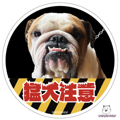 送料無料　ブルドッグ  bulldog　ステッカー「ガブリ　猛犬注意　ステッカー」（約１００ｍｍ）
