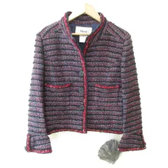 美品 Rene ルネ TISSUE社製 コサージュ付き ツイードジャケット ブルゾン 38 ネイビー系 レディース 古着 中古 USED