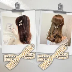 K-Bom パール ヘアクリップ リボン バレッタ 5x2センチ 小さめ ヘアアクセサリー ビジュー 髪留め 髪飾り ヘアアレンジ 結婚式 卒業式 お呼ばれ 上品 簡単装着 ガールズ(ブラック,  クリップM 2個)