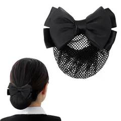 【人気商品】ネット付きバレッタ シニヨンネット ネット お団子ネット 髪飾り ヘアネット ヘアアクセサリー バレッタ 髪色隠し シンプル フォーマル おしゃれ リボン 大きめ 就活 冠婚葬祭 オフィス [Doyime] デート 接客 卒業式（ブラック）