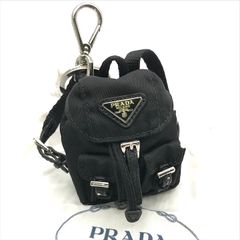 良品 PRADA プラダ 三角ロゴ プレート SV金具 ナイロン レザー リュック型 バッグ チャーム キーリング キーホルダー ブラック a8155