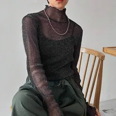 シアートップス ハイネック グリッターシアートップス グリッタートップストップス ブルーシャツ ラメトップス 長袖 Tシャツ 高見え 着やせ お呼ばれ 結婚式お呼ばれ 綺麗めカジュアル ママブラウス 