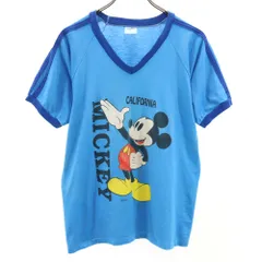 ベルバシーン 90s USA製 オールド プリント ミッキー 半袖 Vネック リンガー Tシャツ L ブルー Velva Sheen メンズ 古着 【240413】 メール便可