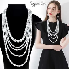 多層フェイクパールネックレス　ステートメントレトロ　ホワイト　5層ネックレス