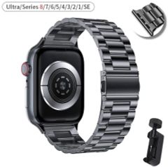 Applewatch スマートウォッチ 調整可能なバックル付き 交換ベルト ステンレススチールブレスレット,調整可能な自動ストラップ ブラック バンド