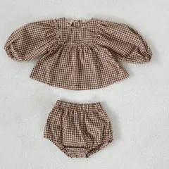 ☆ ブラウン ☆ 66cm ☆ ベビーセットアップ ギンガムチェック yknz7777 ベビー服 女の子 セパレート セットアップ 上下セット キッズ服 子供服 パンツ ブルマ 長袖 長そで かぼちゃパンツ ギンガムチェック 可愛い かわいい カジュアル