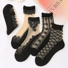 【新品未使用】レース風 レディースソックス 黒色 5柄５足セット