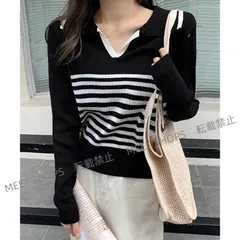 【新品未使用】ポロカラーボーダーニットトップスVネック dgsx165