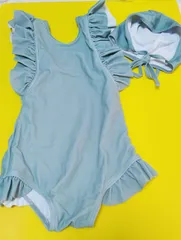 訳あり品　女の子キッズ　キャップ付きレトロカラー水着　120cm