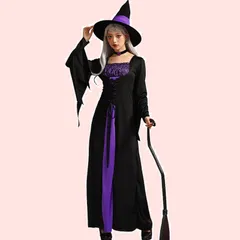 【在庫処分】[DECEED] ハロウィン 魔女 コスプレ 衣装 紫 レディース用 ウィッチ 仮装 魔法使いドレス 長袖 魔女 ハロウィン 仮装 女性 文化祭 学園祭 演出服 コスチューム 3点セット