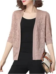 Lilly chocolate 薄手カーディガン レディース ショート丈 春夏 羽織 レースカーディガン(ピンク,  Free Size)